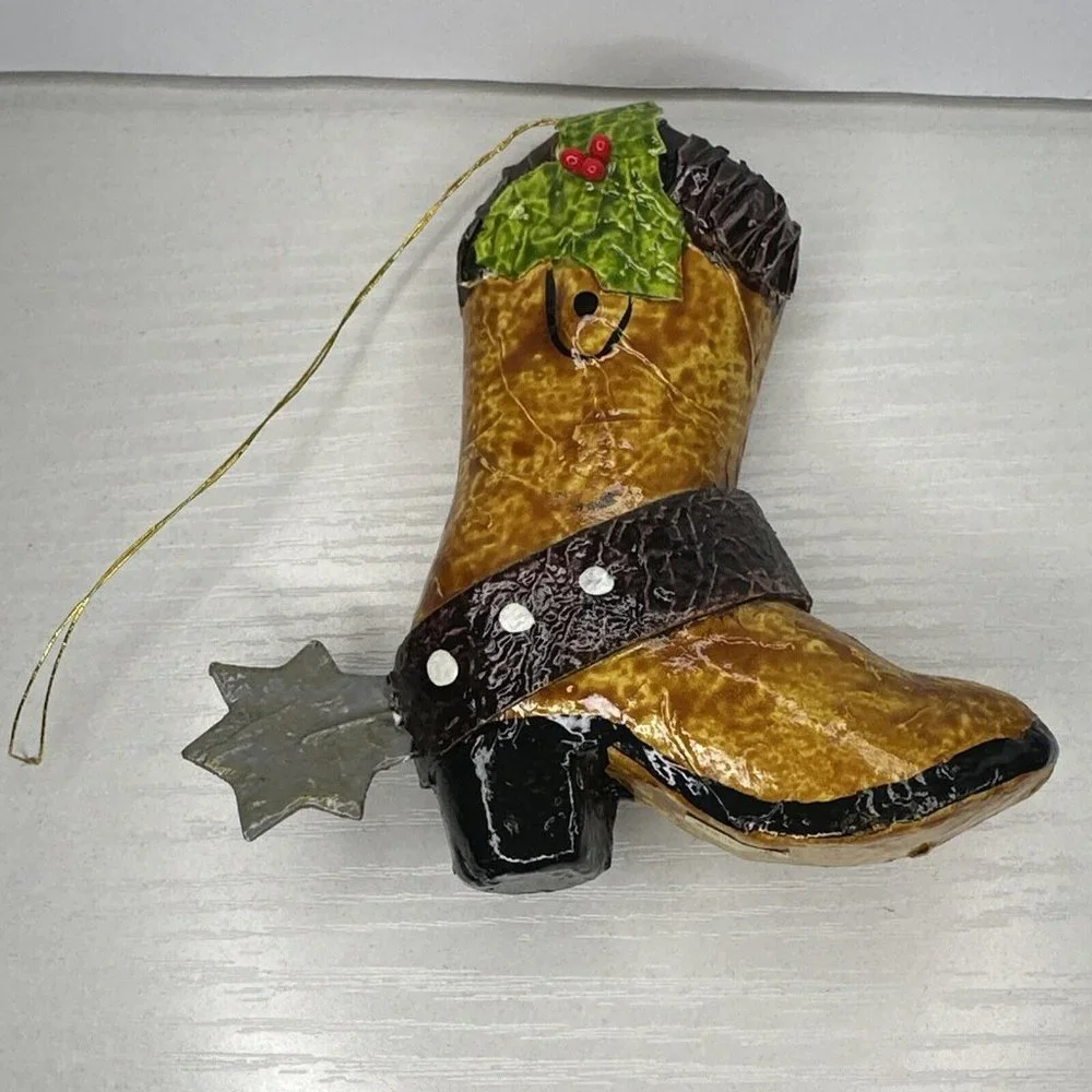 Paper Mache Cowboy Boot With Spur & Holly
